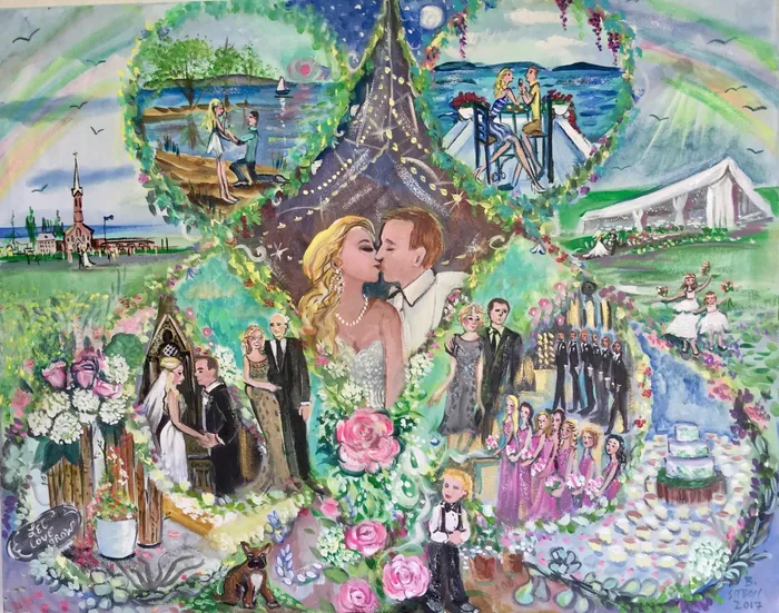 A live wedding painting showing scenes from the whole day in one canvas